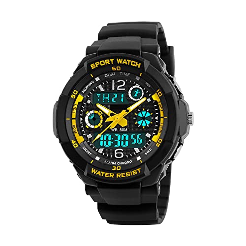 FeiWen Damen Multifunktional Plastik Uhren mit Kautschuk Band 50M Wasserdicht Outdoor Militär Digitale Sport Analog Quarz Armbanduhren LED Licht Doppelte Zeit Stoppuhr Kalender Alarm von FeiWen