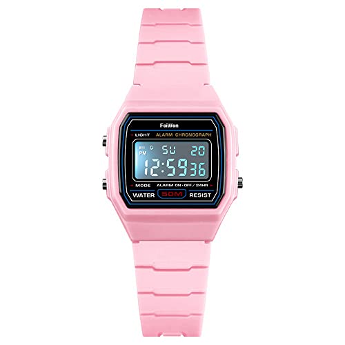 FeiWen Damen Sport Digital Uhren Outdoor Multifunktional LED Elektronik Alarm Stoppuhr Uhr Fashion Militär Armbanduhr 50M Wasserdicht Plastik Lünetten mit Kautschuk Band (Rosa) von FeiWen