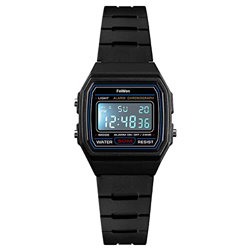 FeiWen Damen Sport Digital Uhren Outdoor Multifunktional LED Elektronik Alarm Stoppuhr Uhr Fashion Militär Armbanduhr 50M Wasserdicht Plastik Lünetten mit Kautschuk Band (Schwarz) von FeiWen