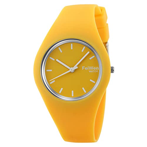 FeiWen Damen und Mädchen Fashion Casual Analog Quartz Uhren 12 Farben Kautschuk Wählscheiben mit Band Minimalismus Dress Armbanduhren, Gelb von FeiWen