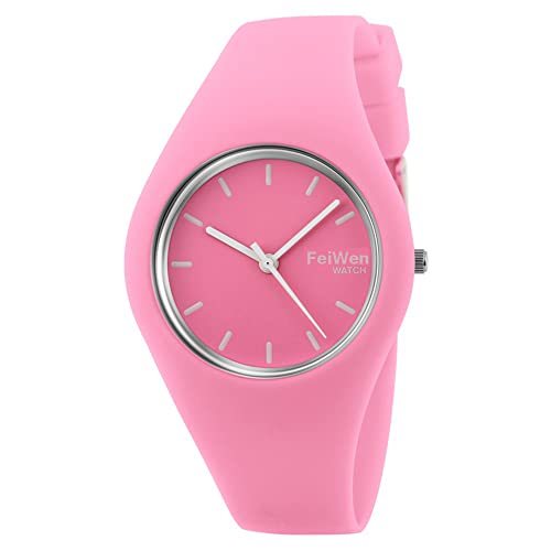 FeiWen Damen und Mädchen Fashion Casual Analog Quartz Uhren 12 Farben Kautschuk Wählscheiben mit Band Minimalismus Dress Armbanduhren, Rosa von FeiWen