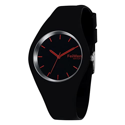 FeiWen Damen und Mädchen Fashion Casual Analog Quartz Uhren 12 Farben Kautschuk Wählscheiben mit Band Minimalismus Dress Armbanduhren, Schwarz Rot von FeiWen