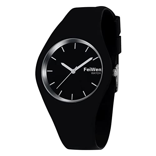 FeiWen Damen und Mädchen Fashion Casual Analog Quartz Uhren 12 Farben Kautschuk Wählscheiben mit Band Minimalismus Dress Armbanduhren, Schwarz von FeiWen