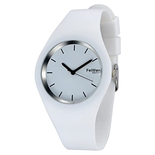 FeiWen Damen und Mädchen Fashion Casual Analog Quartz Uhren 12 Farben Kautschuk Wählscheiben mit Band Minimalismus Dress Armbanduhren, Weiß von FeiWen