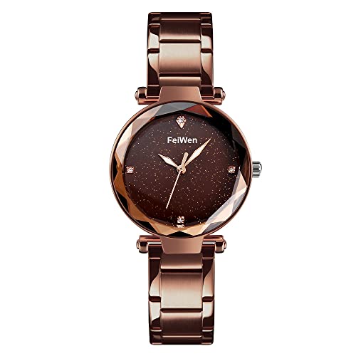 FeiWen Damen und Mädchen Fashion Luxus Analog Quarz Edelstahl Uhren Elegant Casual Kristall Armbanduhren (Braun) von FeiWen