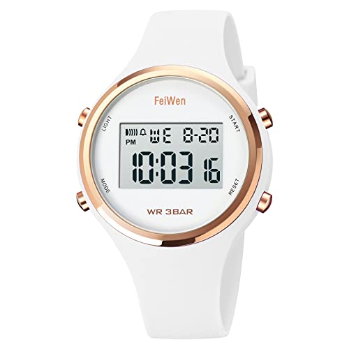 FeiWen Damenuhr Sport LED Elektronik Multifunktional Outdoor Digital Uhren Alarm Stoppuhr Plastik Lünetten mit Kautschuk Band Armbanduhr (Weiß) von FeiWen