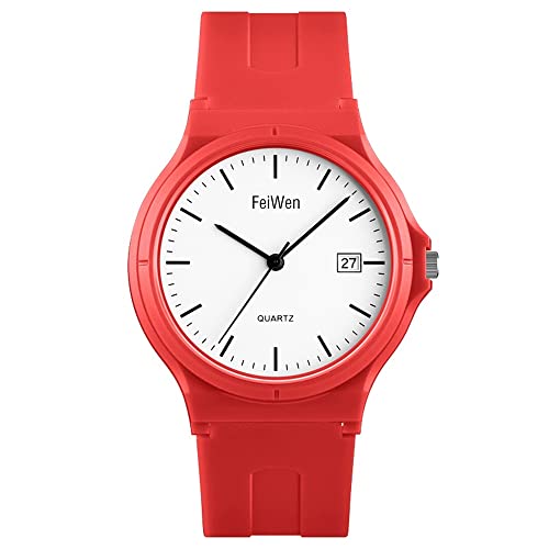 FeiWen Damenuhr Wasserdicht Analog Quartz Fashion Casual Uhren Minimalismus Junge Mädchen Armbanduhr Plastik Lünetten mit Kautschuk Band (Rot) von FeiWen