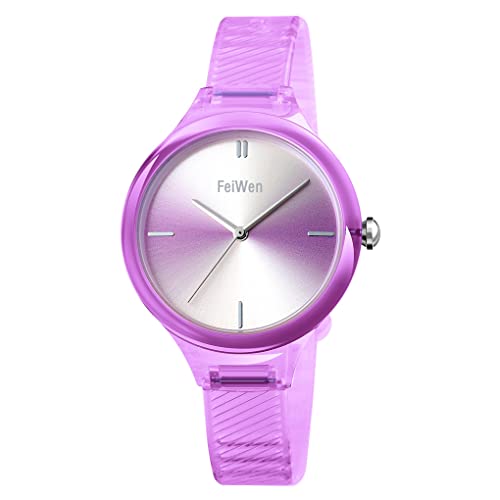 FeiWen Damenuhr Wasserdicht Analog Quartz Fashion Casual Uhren Minimalismus Mädchen Armbanduhr Plastik Lünetten mit Kautschuk Band (Lila) von FeiWen