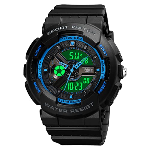 FeiWen Damenuhr Wasserdicht Outdoor Sportuhr LED Digital Analog Quarz Doppel Zeit Elektronik Alarm Stoppuhr Armbanduhren (Blau) von FeiWen