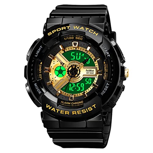FeiWen Damenuhr Wasserdicht Outdoor Sportuhr LED Digital Analog Quarz Doppel Zeit Elektronik Alarm Stoppuhr Armbanduhren (Gelb) von FeiWen