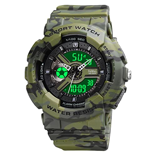 FeiWen Damenuhr Wasserdicht Outdoor Sportuhr LED Digital Analog Quarz Doppel Zeit Elektronik Alarm Stoppuhr Armbanduhren (Grüne Tarnung) von FeiWen