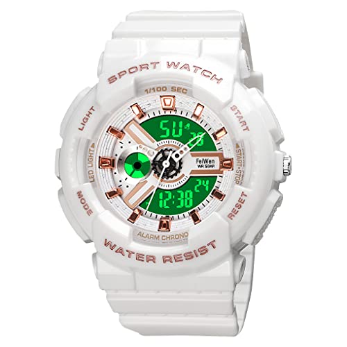 FeiWen Damenuhr Wasserdicht Outdoor Sportuhr LED Digital Analog Quarz Doppel Zeit Elektronik Alarm Stoppuhr Armbanduhren (Weiß) von FeiWen