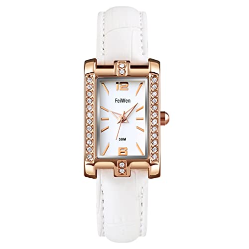 FeiWen Fashion Damen Analog Quarz Armbanduhren Gold Edelstahl mit Leder Band Elegant Casual Uhren (Weiß) von FeiWen