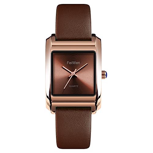 FeiWen Fashion Damen Analog Quarz Elegant Uhren Minimalismus Gold Edelstahl Wählscheiben mit Leder Band Luxuriös Business Armbanduhren (Braun) von FeiWen