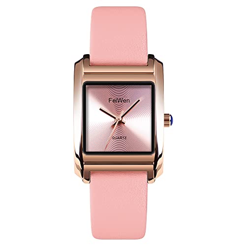 FeiWen Fashion Damen Analog Quarz Elegant Uhren Minimalismus Gold Edelstahl Wählscheiben mit Leder Band Luxuriös Business Armbanduhren (Rosa) von FeiWen