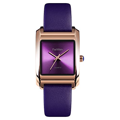 FeiWen Fashion Damen Analog Quarz Elegant Uhren Minimalismus Gold Edelstahl Wählscheiben mit Leder Band Luxuriös Business Armbanduhren (Violett) von FeiWen