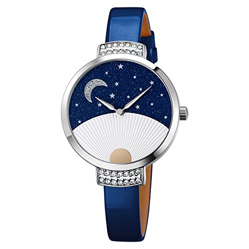 FeiWen Fashion Damen und Mädchen Analog Quarz Armbanduhren mit Leder Band Elegant Casual Uhren (Blau) von FeiWen