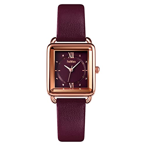 FeiWen Fashion Damenuhr Analog Quarz Elegant Uhren Edelstahl Wählscheiben mit Leder Band Business Armbanduhren (Lila) von FeiWen