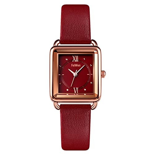 FeiWen Fashion Damenuhr Analog Quarz Elegant Uhren Edelstahl Wählscheiben mit Leder Band Business Armbanduhren (Rot) von FeiWen