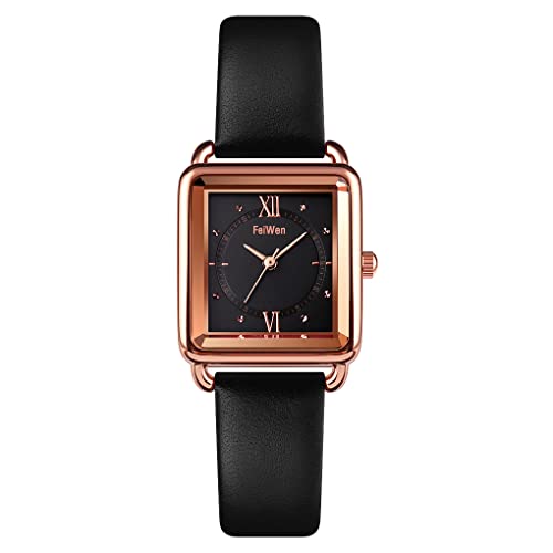 FeiWen Fashion Damenuhr Analog Quarz Elegant Uhren Edelstahl Wählscheiben mit Leder Band Business Armbanduhren (Schwarz) von FeiWen