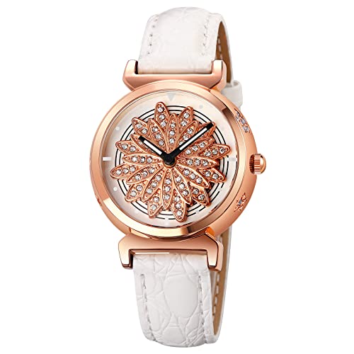 FeiWen Fashion Damenuhr Analog Quarz Elegant Uhren Gold Edelstahl mit Leder Band Business Armbanduhren (Weiß) von FeiWen