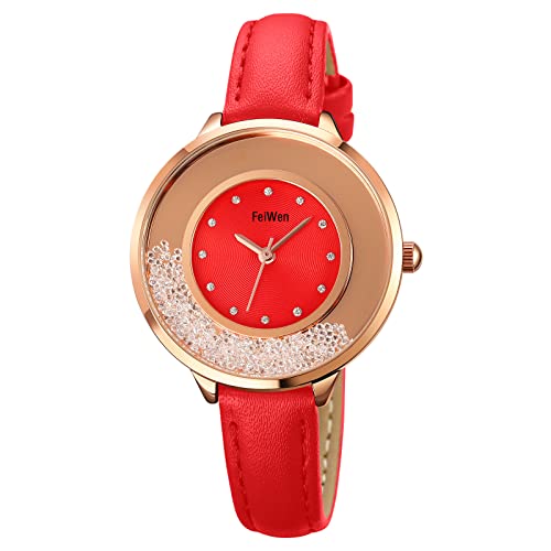 FeiWen Fashion Damenuhr Analog Quarz Elegant Uhren Luxuriös Business Gold Edelstahl Armbanduhren mit Leder Band (Rot) von FeiWen