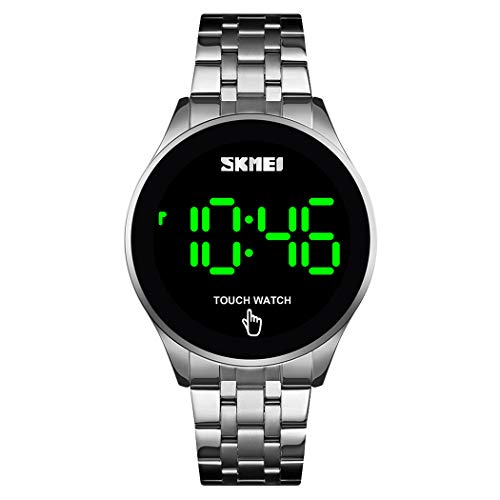 FeiWen Fashion Edelstahl Herrenuhr LED Digital Elektronik Licht Datum Uhren Berühren Armbanduhr (Silber) von FeiWen