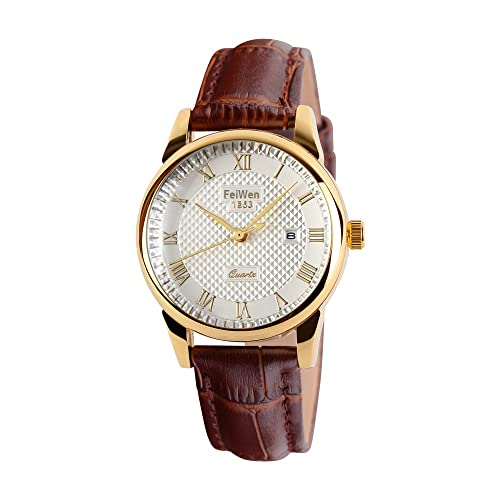 FeiWen Fashion Elegant Unisex Analog Quarz Uhren Herren und Damen Casual Stil Luxuriös Minimalismus Armbanduhren Edelstahl Wählscheiben mit Leder Band Kalender (Damen Gold) von FeiWen