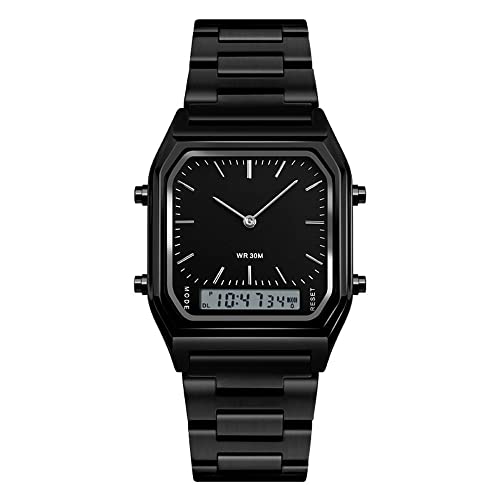 FeiWen Fashion Herren Damen Digital Analog Quarz Uhren Schwarz Eckig Edelstahl Wählscheiben Outdoor Casual Armbanduhren Multifunktional Alarm Stoppuhr Kalender Beleuchtung von FeiWen