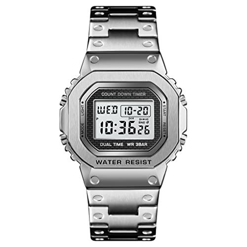 FeiWen Fashion Herren Edelstahl Digital Uhren LED Elektronik Alarm Stoppuhr Outdoor Militär Sportuhr Doppel Zeit Multifunktional Armbanduhr (Männliches Silber) von FeiWen