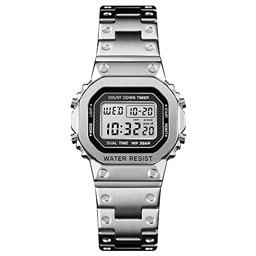 FeiWen Fashion Herren Edelstahl Digital Uhren LED Elektronik Alarm Stoppuhr Outdoor Militär Sportuhr Doppel Zeit Multifunktional Armbanduhr (Weibliches Silber) von FeiWen