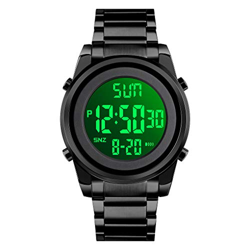 FeiWen Fashion Herren Edelstahl Digital Uhren LED Elektronik Countdown Alarm Stoppuhr Outdoor Militär Sportuhr Doppel Zeit Multifunktional Armbanduhr (Schwarz) von FeiWen