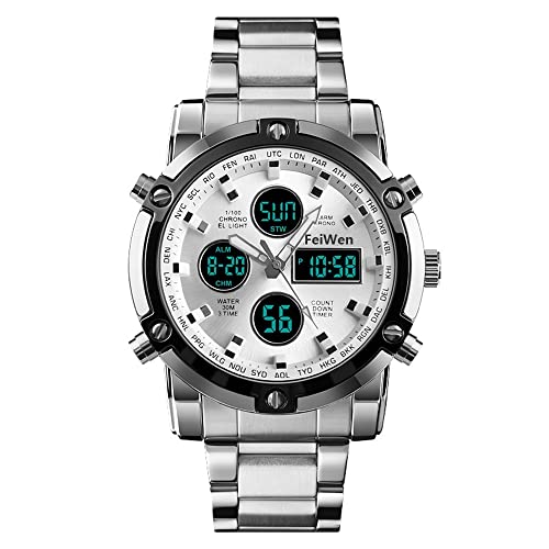 FeiWen Fashion Herren Multifunktional Edelstahl Digital Uhren LED Analog Quarz DREI Zeit Casual Sport Armbanduhren Beleuchtung Alarm Countdown (Silber) von FeiWen