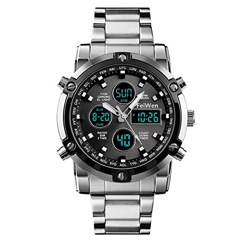 FeiWen Fashion Herren Multifunktional Edelstahl Digital Uhren LED Analog Quarz DREI Zeit Casual Sport Armbanduhren Beleuchtung Alarm Countdown (Silber Schwarz) von FeiWen