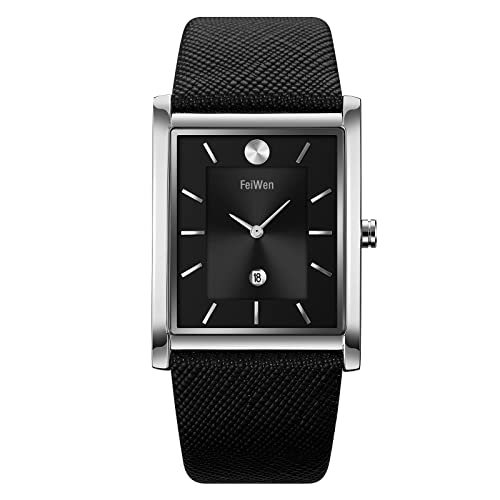 FeiWen Fashion Herrenuhr Analog Quarz Armbanduhren Edelstahl Wählscheiben mit Leder Band Casual Uhren (Silber schwarz) von FeiWen