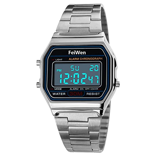 FeiWen Fashion Herrenuhr Damenuhr Multifunktional Sport LED Digitale Elegant Silber Edelstahl Unisex Outdoor Armbanduhren von FeiWen