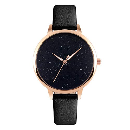 FeiWen Fashion Luxuriös Damen Analog Quarz Armbanduhren Minimalismus Gold Edelstahl Sternenklarer Himmel Wählscheiben mit Leder Band Elegant Casual Uhren, Schwarz von FeiWen