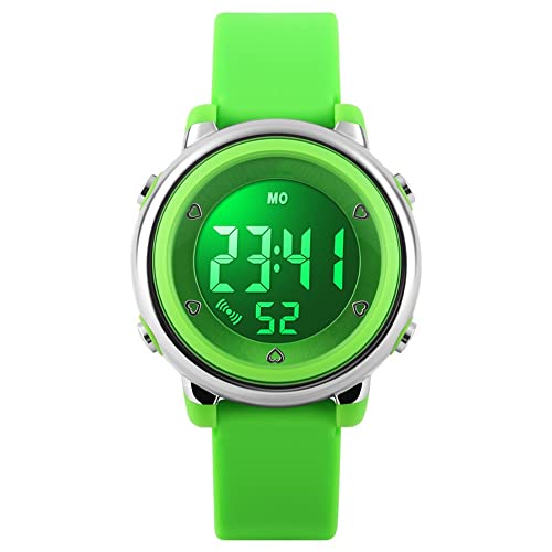 FeiWen Fashion Sport Kinder Uhren Multifunktional Mehrfarbig LED Beleuchtung 50M Wasserdicht Digitaluhr Grün Plastik Wählscheiben mit Kautschuk Band Armbanduhren von FeiWen