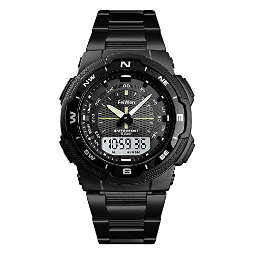 FeiWen Fashion Unisex Digitale Sport Uhren 50M Wasserdicht Outdoor Militär Multifunktional Armbanduhren Plastik Wählen mit Edelstahl Band Analog Quarz LED Zwei Zeit Armbanduhren (Schwarz) von FeiWen