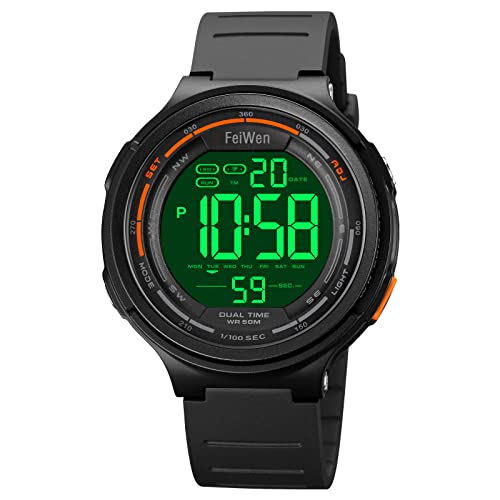 FeiWen Fashion Unisex Digitaluhr Sportuhr Outdoor Militär Wasserdicht Uhren LED Doppelte Zeit Multifunktional Countdown Alarm Plastik Armbanduhren mit Kautschuk Band (Schwarz) von FeiWen