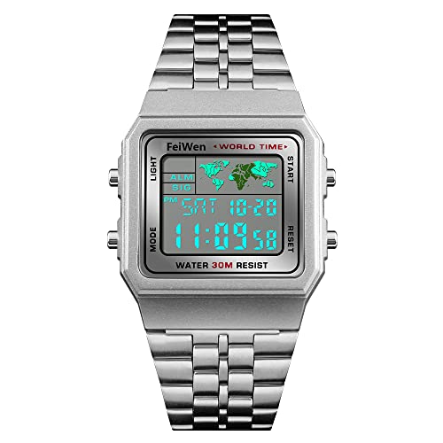 FeiWen Fashion Unisex Sprot Digital Outdoor Multifunktional Plastik Uhren mit Edelstahl Band LED Beleuchtung Alarm Damen und Herren Armbanduhren, Silber von FeiWen