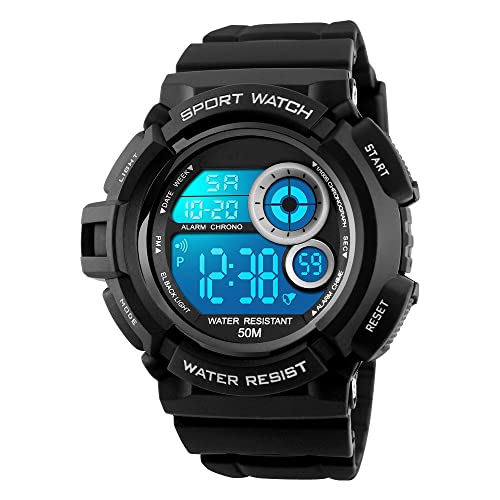 FeiWen Groß Multifunktional Herrenuhr Outdoor Sportuhr Mehrfarbig LED Licht Outdoor 50M Wasserdicht Jugenduhr Digital Plastik Armbanduhren mit Kautschuk Band, Schwarz von FeiWen