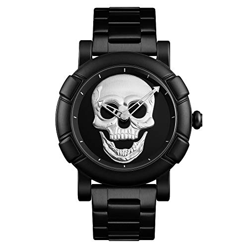 FeiWen Herren Cool Edelstahl Uhren Punk Skelett Fashion Casual Analog Quarz Armbanduhren (Silber) von FeiWen