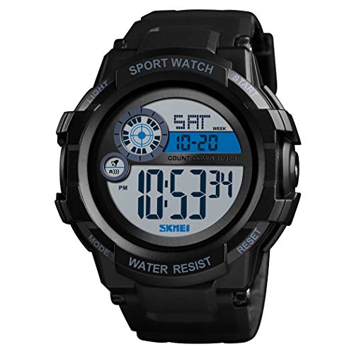 FeiWen Herren Digital Sport Uhren Multifunktional LED Elektronik Doppelte Zeit Countdown Alarm 50M Wasserdicht Outdoor Militär Armbanduhren (Schwarz) von FeiWen