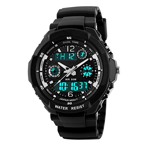 FeiWen Herren Digitale Militär Sport Uhren 5ATM Wasserdicht LED Analog Quarz Doppelte Zeit Outdoor Multifunktional Plastik Armbanduhren Kautschuk Band von FeiWen