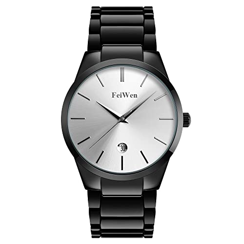 FeiWen Herren Edelstahl Uhren Casual Fashion Luxus Analog Quarz Armbanduhren Datum Business Stil (Silber) von FeiWen