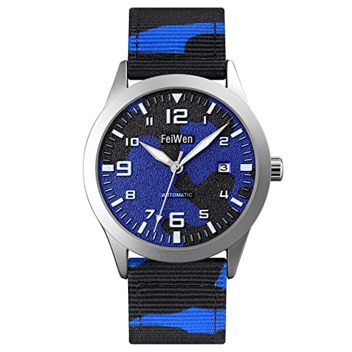 FeiWen Herren Edelstahl Uhren Noctilluzent Zeiger Casual Fashion Automatische Maschinen Armbanduhren mit Nylon Band (Silber Blau) von FeiWen