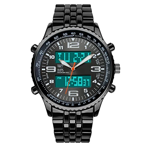 FeiWen Herren Elegant Multifunktional Edelstahl Analog Quarz Digital Uhren Doppelte Zeit Alarm Stoppuhr Datum Einfach Armbanduhren, Schwarz von FeiWen