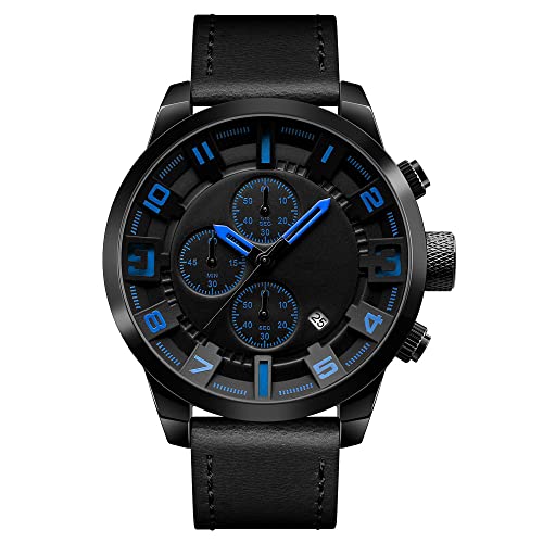 FeiWen Herren Fashion Analog Quarz Uhren Edelstahl Wählscheiben mit Leder Band Casual Armbanduhren Datum Stoppuhr, Blau von FeiWen