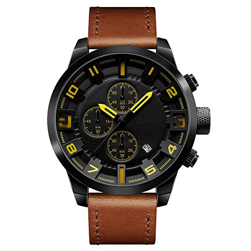 FeiWen Herren Fashion Analog Quarz Uhren Edelstahl Wählscheiben mit Leder Band Casual Armbanduhren Datum Stoppuhr, Gelb von FeiWen